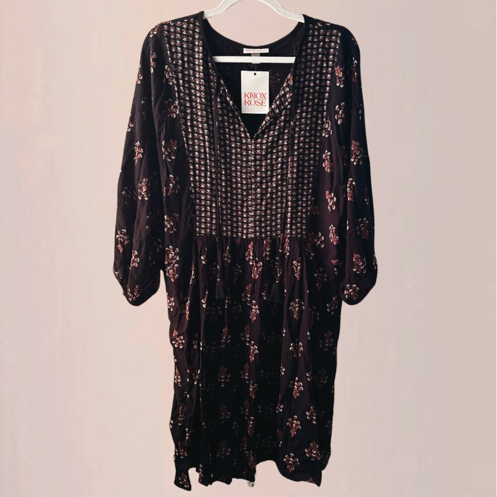 NWT Knox Rose Black Bishop Floral Boho Midi Dress 3/4 Sleeve Tie Neck | Size XXL